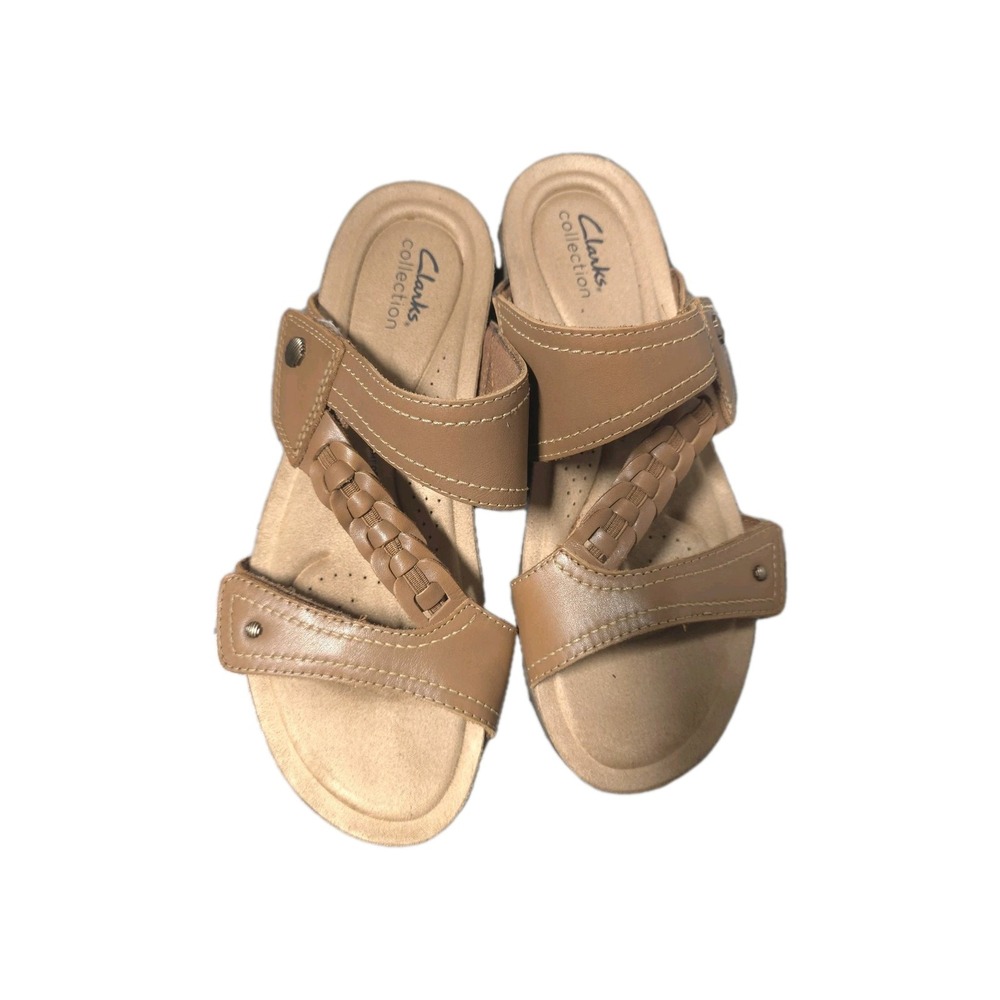 Clarks Collection Women's Tan Leather Strappy Sandals Size‎ 9 M Comfort Slide